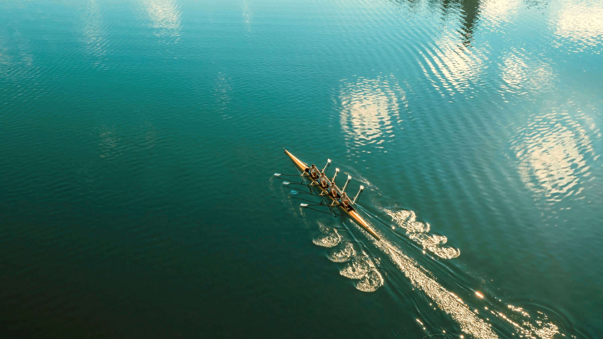 Luftaufnahme eines Vierer-Ruderteams beim Skullen über tiefblaues Wasser