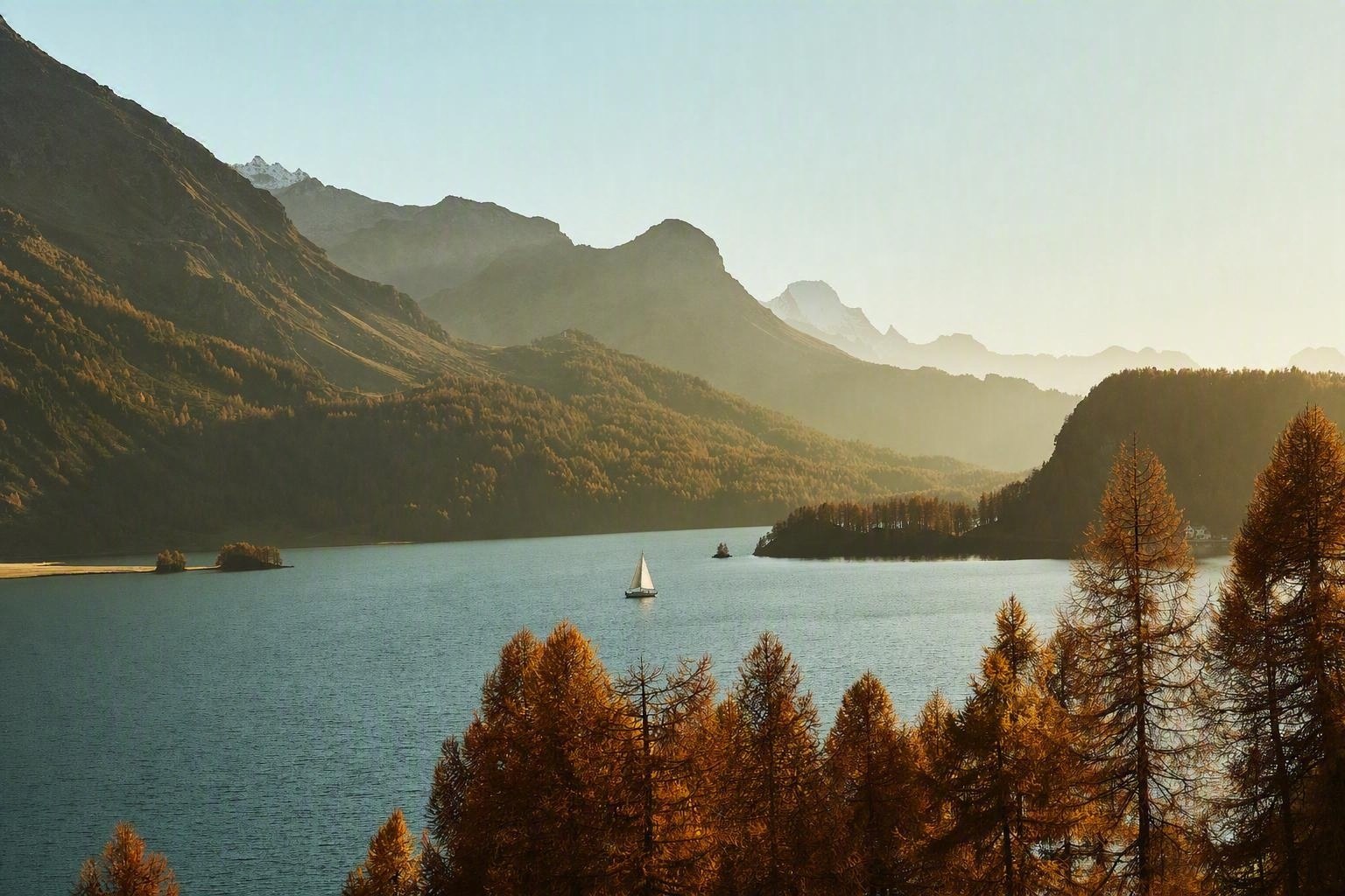 Ein einzelnes Segelboot auf einem Schweizer Alpensee im Sonnenuntergang, umgeben von herbstlichen Lärchen und Bergen